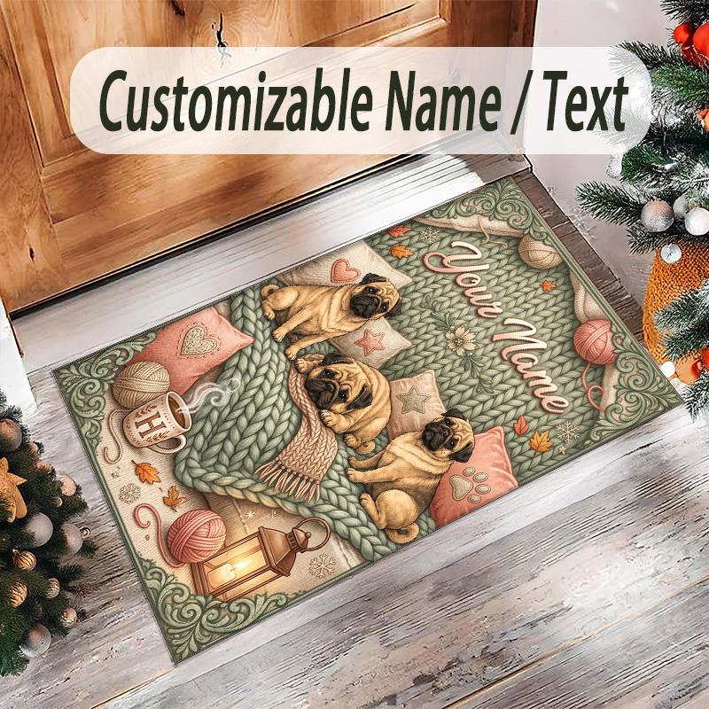 Pug Theme Crystal Velvet Floor Rug Personalized Custom Name Text Warm Carpet Home Decoration