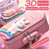 Сумка-карандаш, двухслойная 3D-печать, гладкая двойная молния, дизайн с паролем, милый узор кролика, компактная коробка для канцелярских принадлежностей с ручкой, ежедневное использование