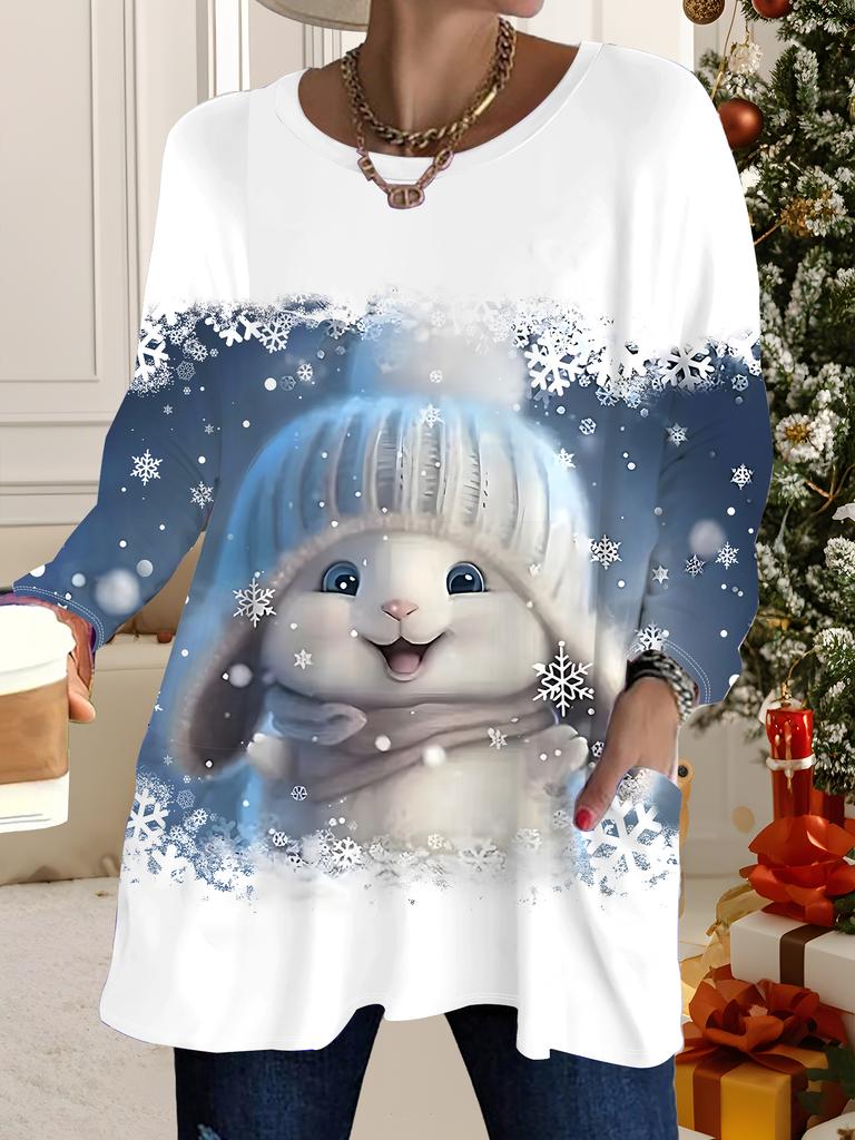 2025 Autumn Winter New Plus Size Women's Tops, Christmas 3D Print Fashion Crew Neck Long Sleeve T-Shirts