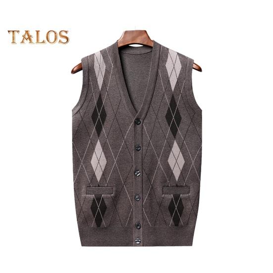 Men Autumn Winter Cardigan Sweater Single-breasted V Neck Sleeveless Buttons Color Matching Stretchy Pockets Knitted Vest Mid-aged Male Top