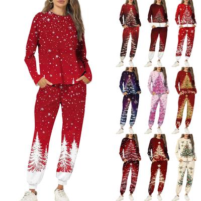 Комплекты для женщин из 2 предметов: футболки с круглым вырезом и длинным рукавом, принтованные спортивные брюки с карманами