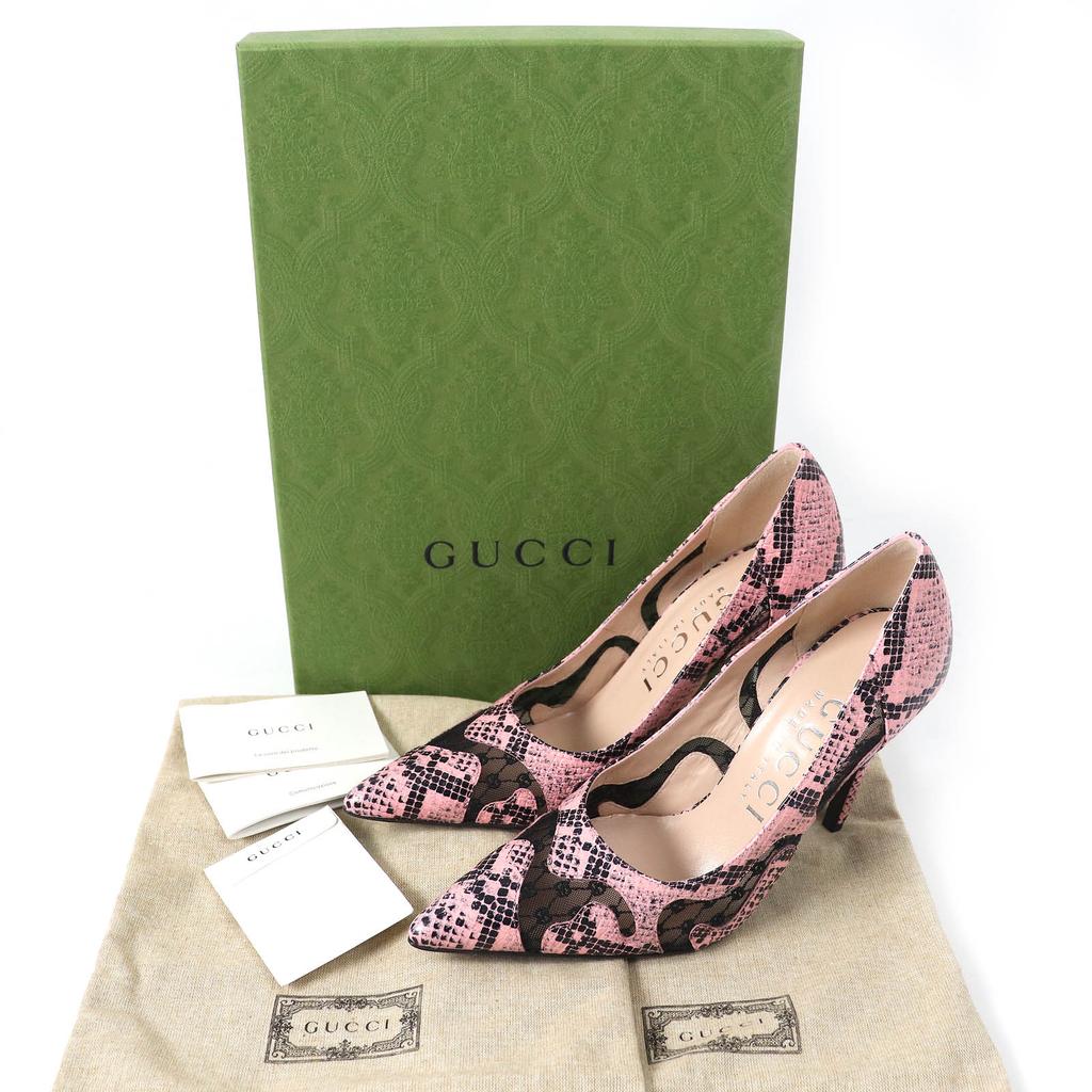 Gucci Туфли GG ромб принт питон каблуки Розовый черный кожа Женские 36.5 738689 Б/у