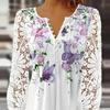 Ladies Summer Shirt V-neck Floral Print Button Lace Stitching Long Sleeve Daily Wear Hollow Out See-through Spring Summer T-shirt Women Clothing