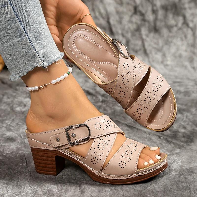 Мода Новая Мода Сандалии на Массивном Каблуке для Женщин Лето 2025 Легкие Шлепанцы на Высоком Каблуке Женские Удобные Слипоны Пляжные Сандалии Mujer