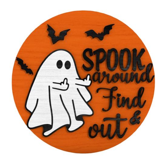 Halloween Ghost Door Sign Spook Around Find Out Welcome Sign Front Porch Hanging Wooden Plaque for Home Window Wall Decor