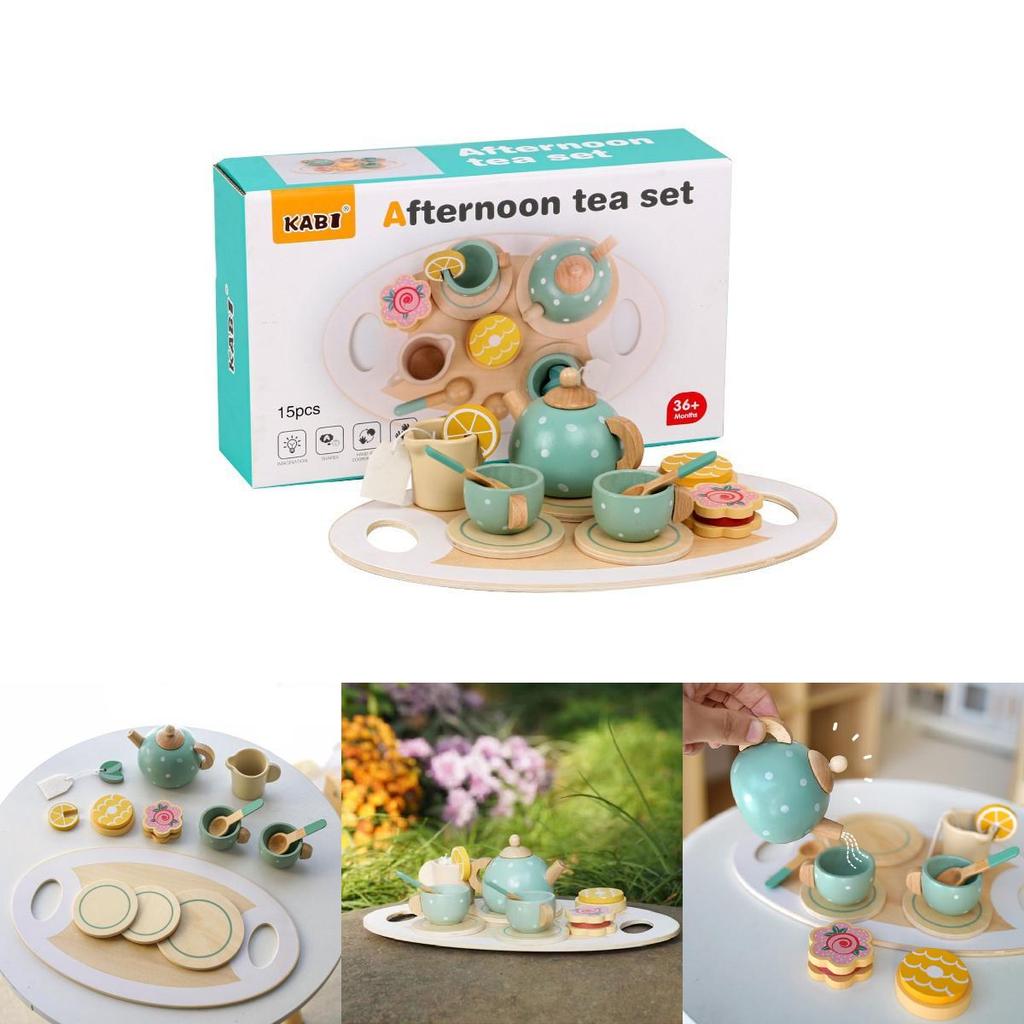Kid Wooden Tea Set With Pretend Sweets Teapots For Early Education And Role Playing