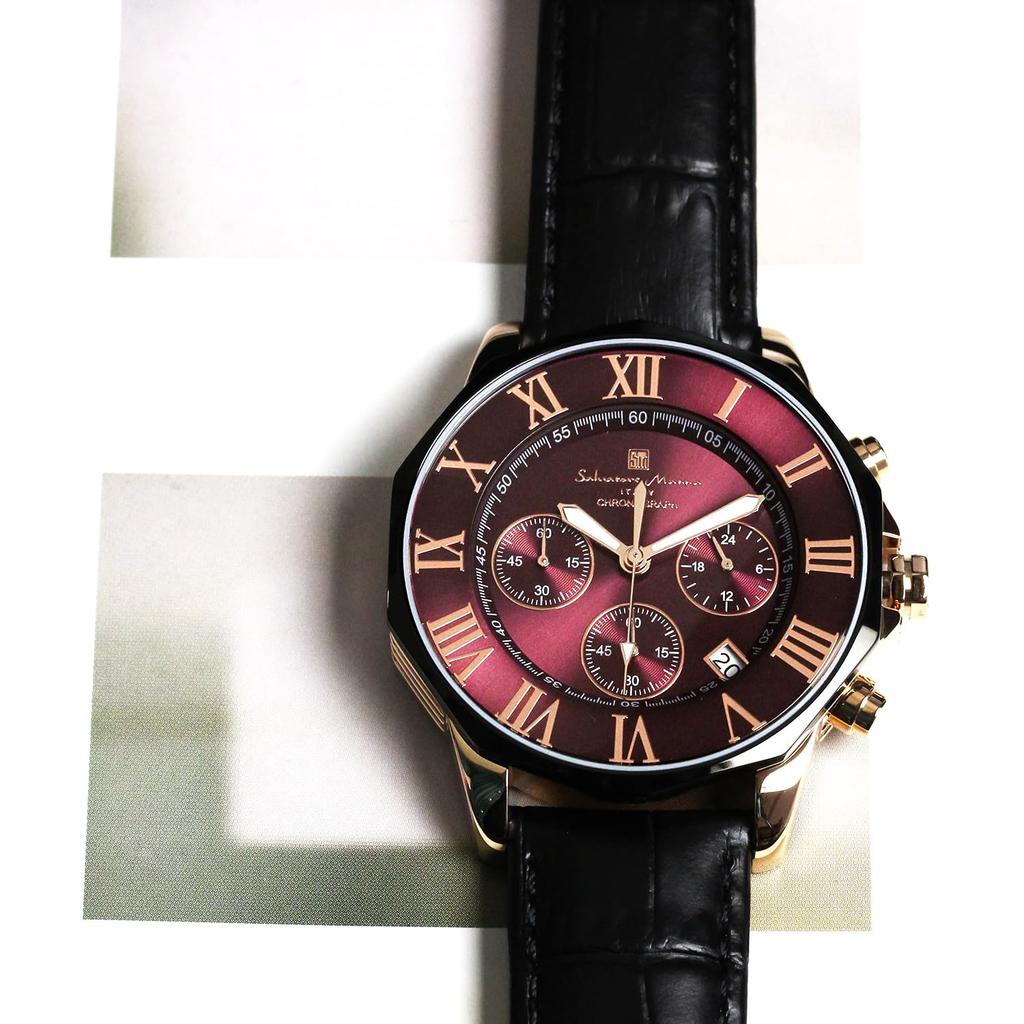 Salvatore Marra Red Chronograph 10 ATM Water Black Leather Burlap Men's Wristwatch, Resistant, Strap, Pattern, SM15104-PGPLLE