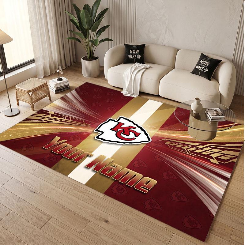 Custom Rug Kansas City Chiefs Pattern Print Name Text Soft Non‑Slip Floor Carpet for Home Indoor Decoration