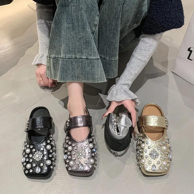 Женские туфли с пряжкой и ремешком, женские туфли на плоской подошве, модные, с бисером, ежедневные бестселлеры, женские туфли на плоской подошве, новые, с квадратным носком, на низком каблуке