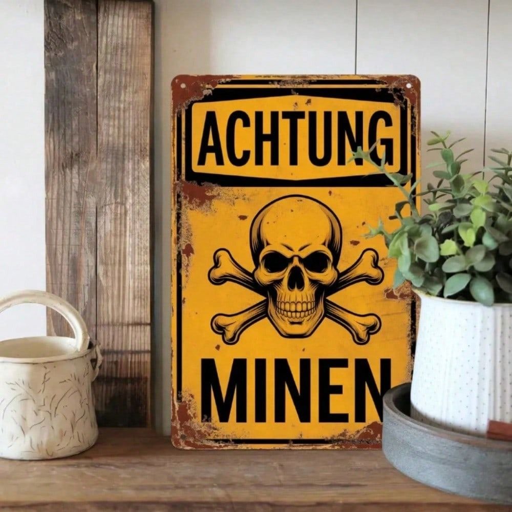 Винтажный Череп Знак Achtung Minen Металлический Плакат Настенное Искусство Винтажный Череп Предупреждающий Металлический Знак Настенный Декор Жестяной Плакат