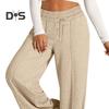 Женские повседневные брюки с эластичной резинкой и высокой талией, регулируемые на шнурке, прямые широкие брюки с карманами, однотонные длинные брюки