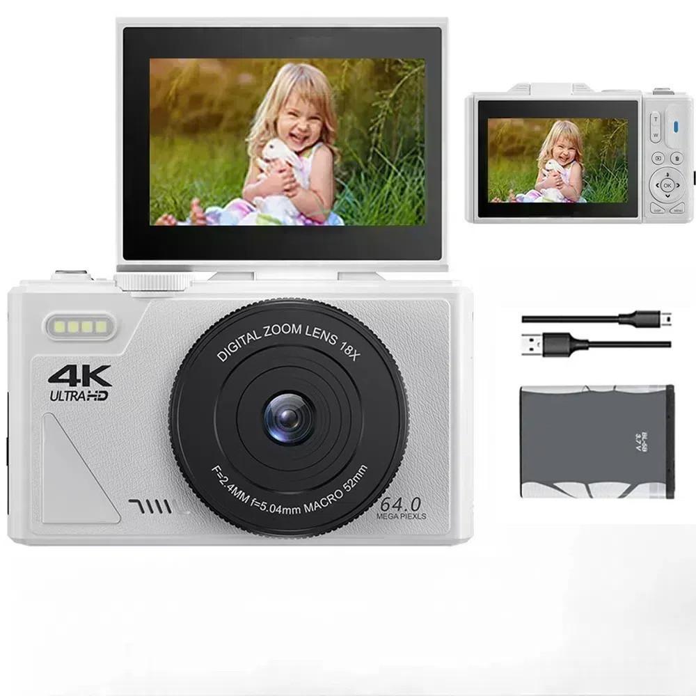 Цифровая камера 64 МП WIFI 4K с откидным экраном 180° Камера для селфи Маленькая портативная 18-кратный цифровой зум VLOG-камера
