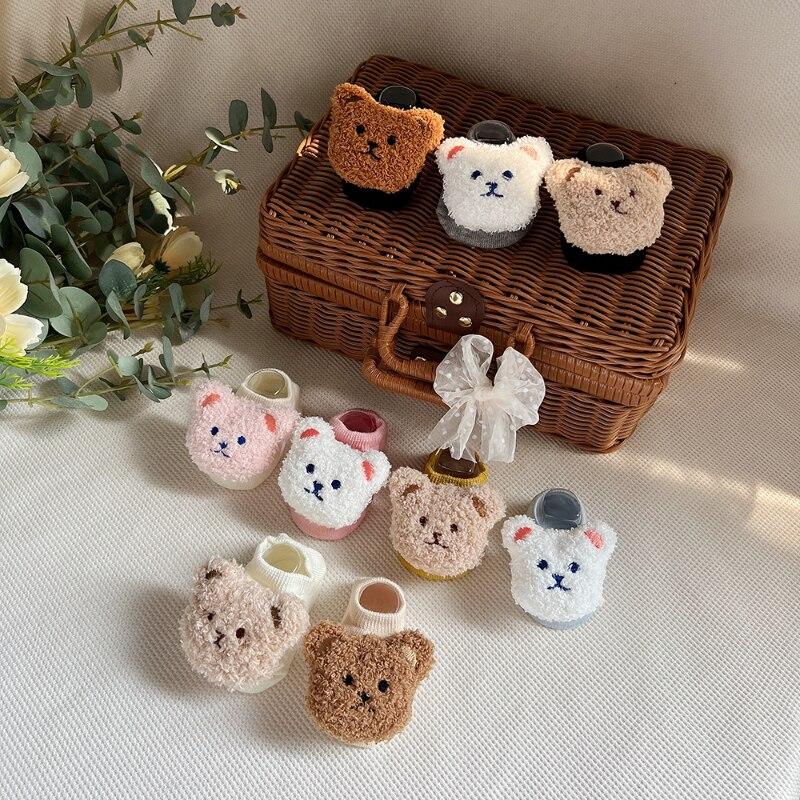 1 Pair Infant Baby Sock Cute Cartoon 3D Bear Short Sock for Toddler Baby Boy Girl Spring Summer Non-slip Floor Sock for Kids