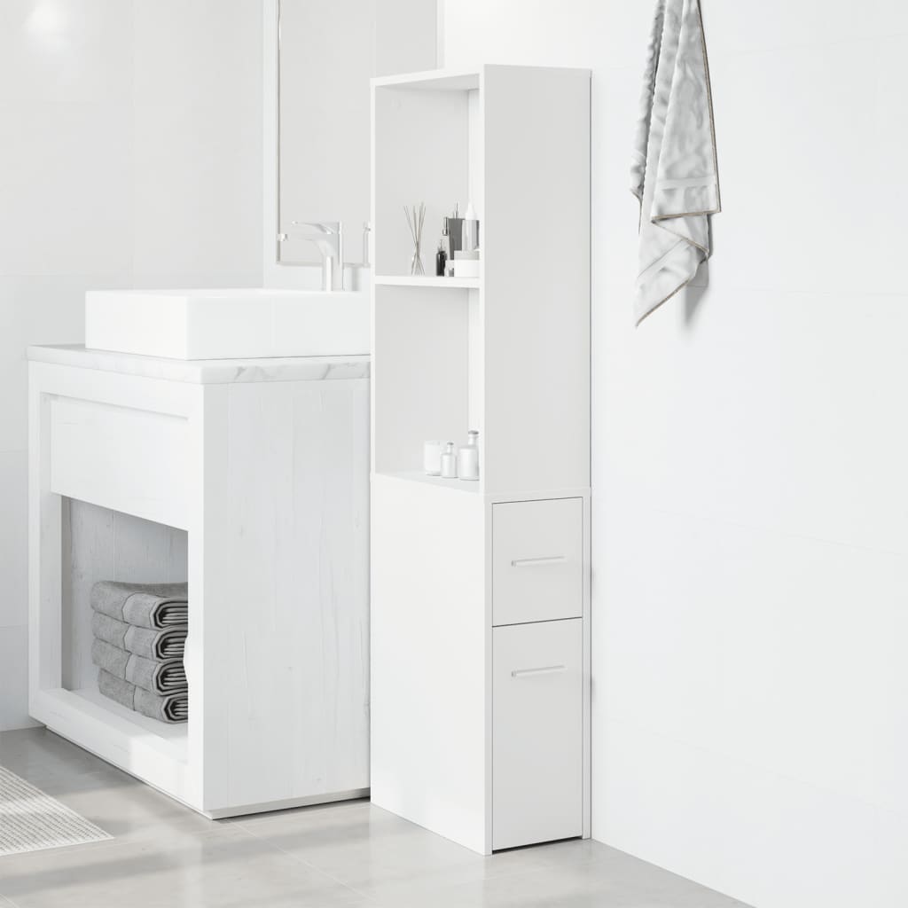 Narrow Bathroom Cabinet with Casters White Particleboard