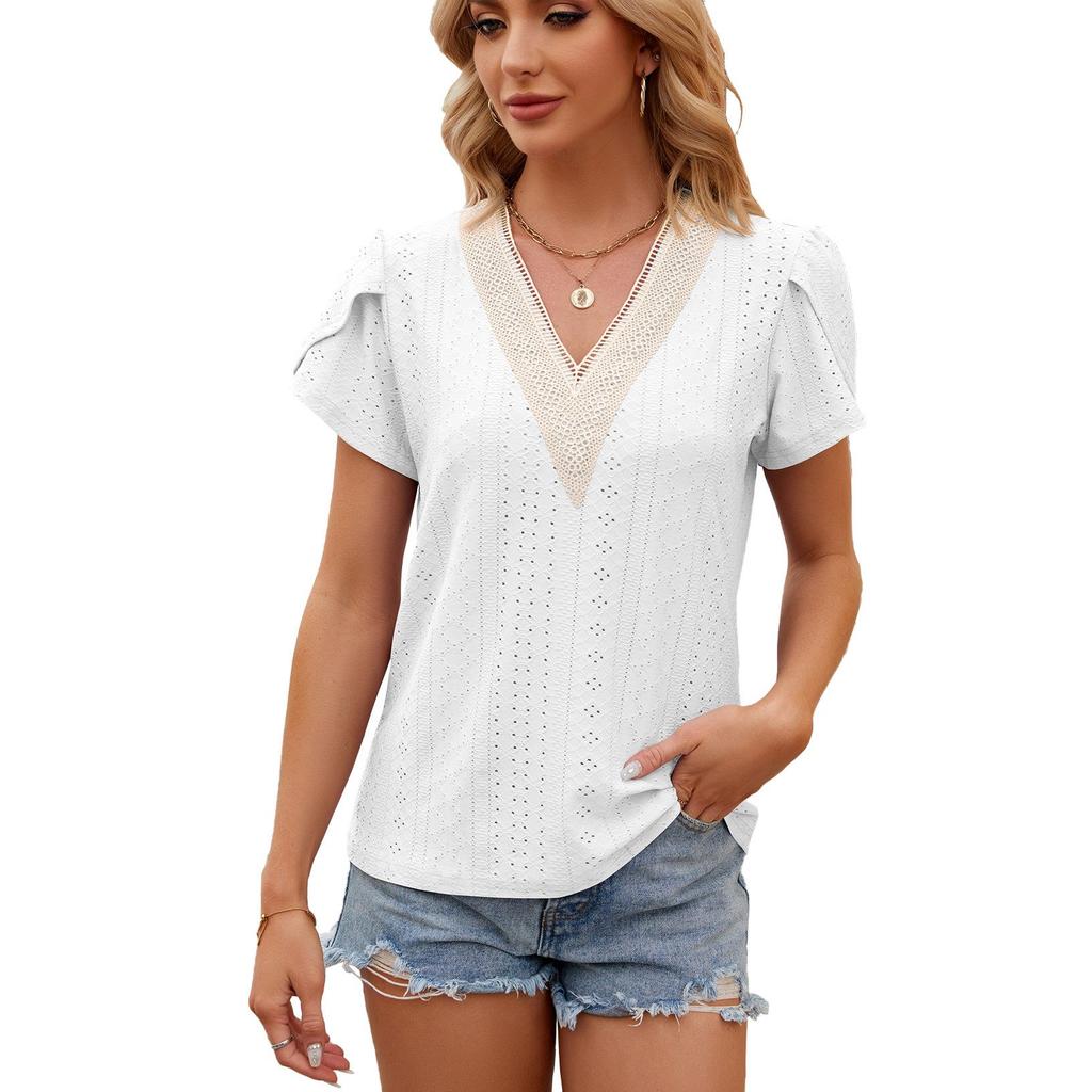 Модные топы, летняя кружевная повседневная женская футболка с v-образным вырезом и коротким рукавом