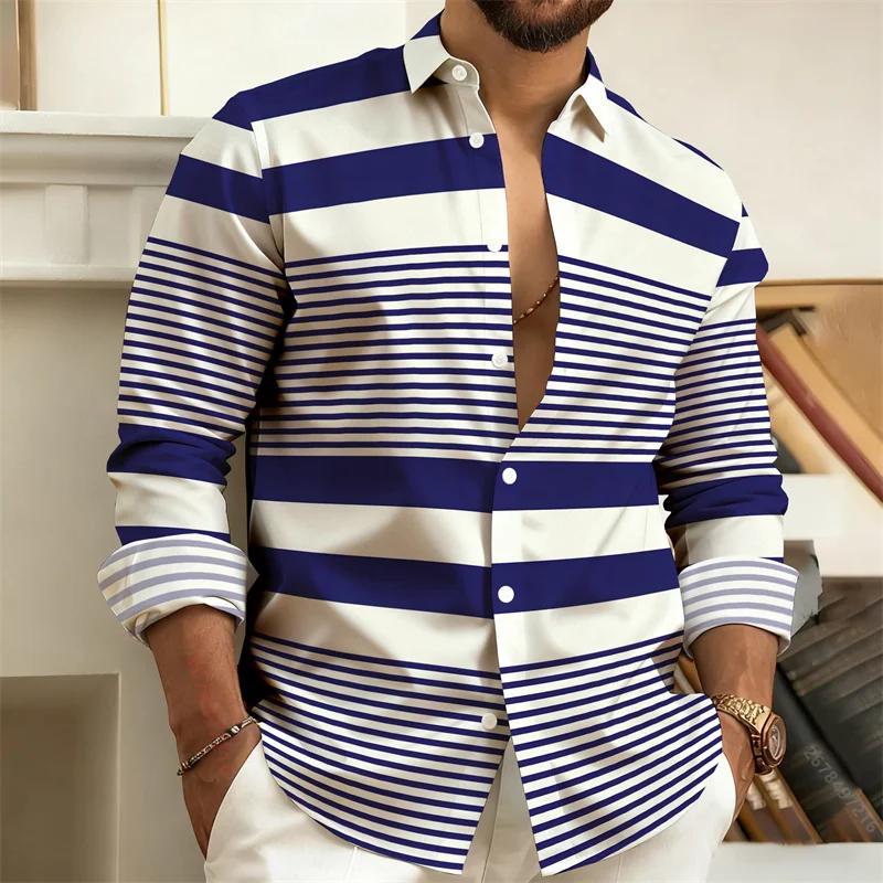 Men's Striped Long-sleeve Button-up Shirt, Casual Daily Wear