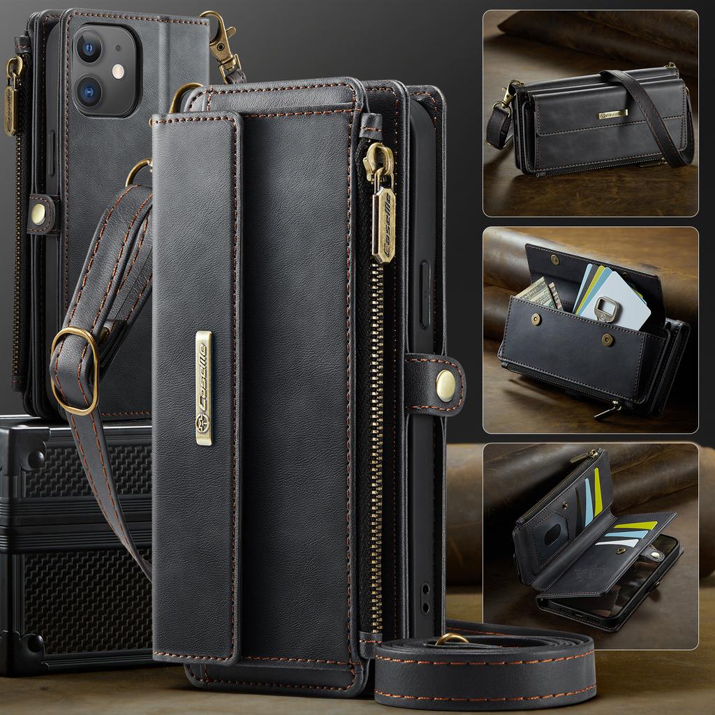 For iPhone 12 mini 5.4 inch Case CASEME C39 RFID Blocking Zipper Wallet Stand Leather Cover with Strap