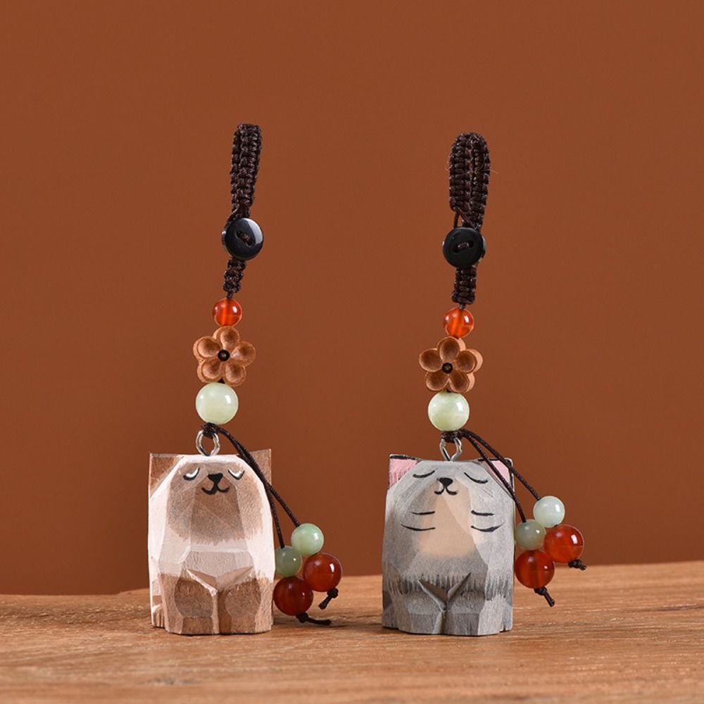 Siberian Husky Wooden Carved Cat Keychain Weave Rope Corgi Dog Dolls Wood Dog Pendant Students