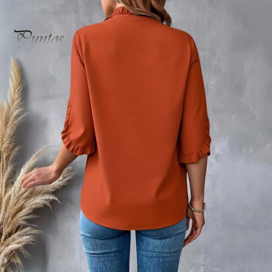 Женская рубашка с V-образным вырезом, оборками, рукавами-лепестками, однотонные топы свободного кроя, повседневная офисная дорожная рубашка