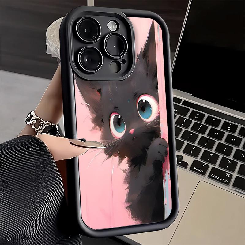 Чехол для телефона iPhone 17 Air 16E 15 16 Pro Max Черный Кот Мультяшный Милый Чехол 14 Plus 13 12 Mini Мягкий Силиконовый Fundas