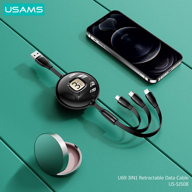 USAMS USB-кабель для зарядки 1 м 3 в 1 для iPhone, кабель Micro USB типа CData, выдвижной дизайн, USB-кабели для телефонов, аксессуары для телефонов