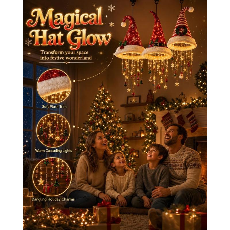 Lighted Santa Hat Hanging Chandelier 3 Styles Warm LED Christmas Light Sequined Cone Hanging Decor with Chime Star Tassel Set Indoor Outdoor Porch