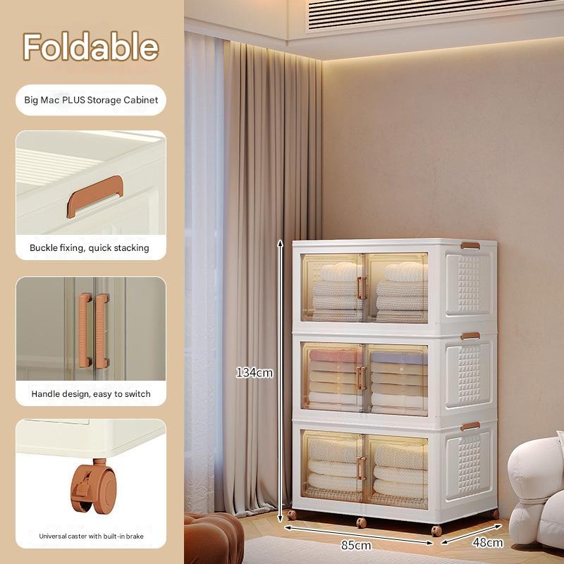 Stackable Storage Bins with Lid, Plastic Collapsible Storage Cabinet, Foldable Folding Box Organizer/Storage Container Cart with Wheel and Double Door