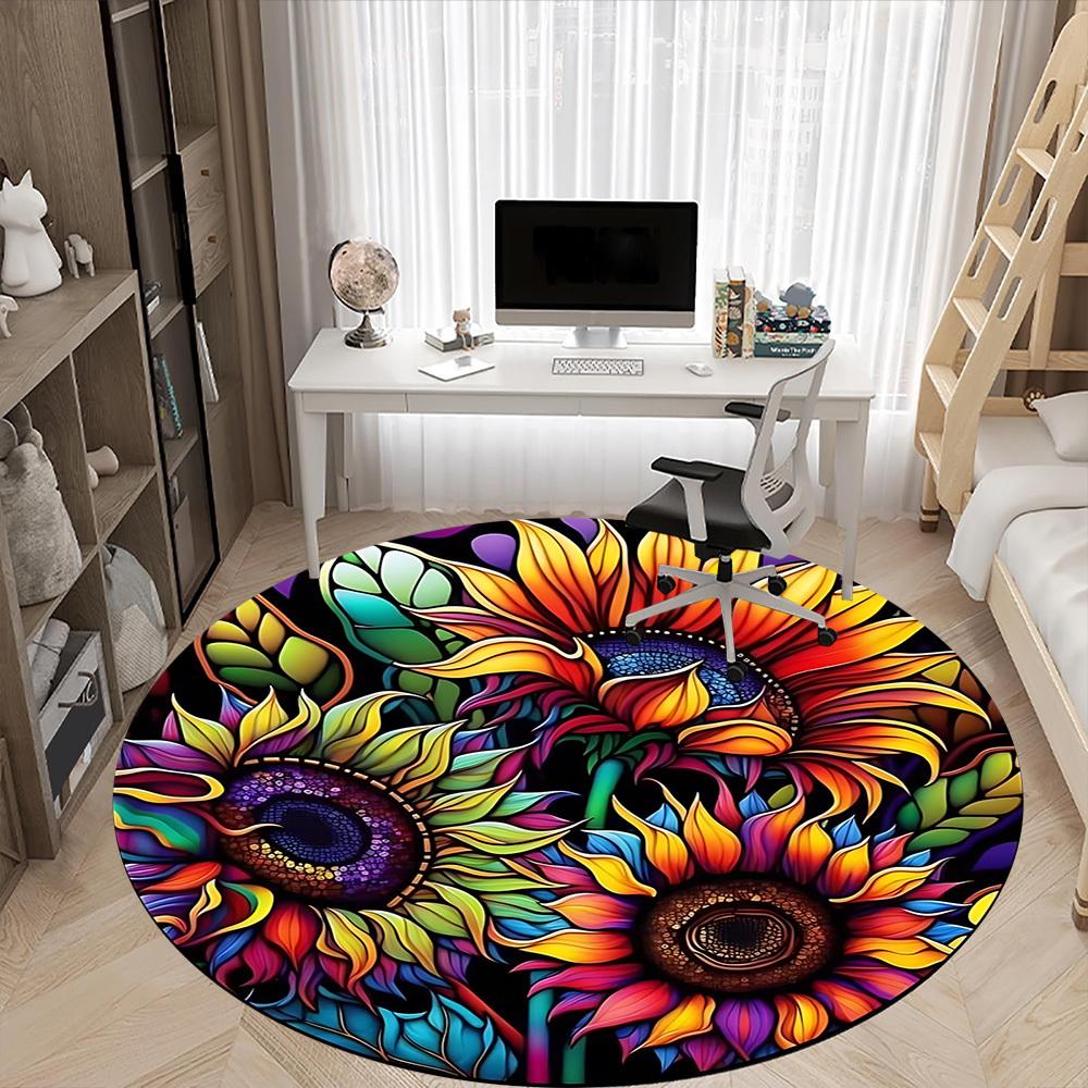 1pc Colorful Sunflower Stained Glass Chair Carpet for Office, Round Polyester Mat, Indoor Decor for Office, Washable Non-slip Carpet yy251219016