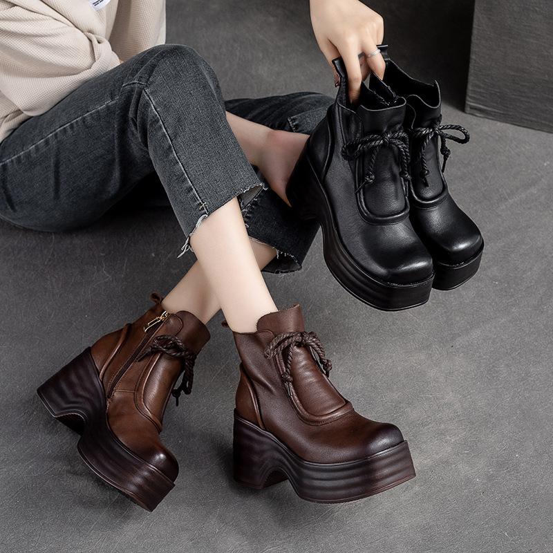 Fashion GKTINOO 7cm Woman Cow Genuine Leather Autumn Ankle Boots Spring Booties Ethnic Rero Moccasins Platform Wedge Chunky Heels Shoes