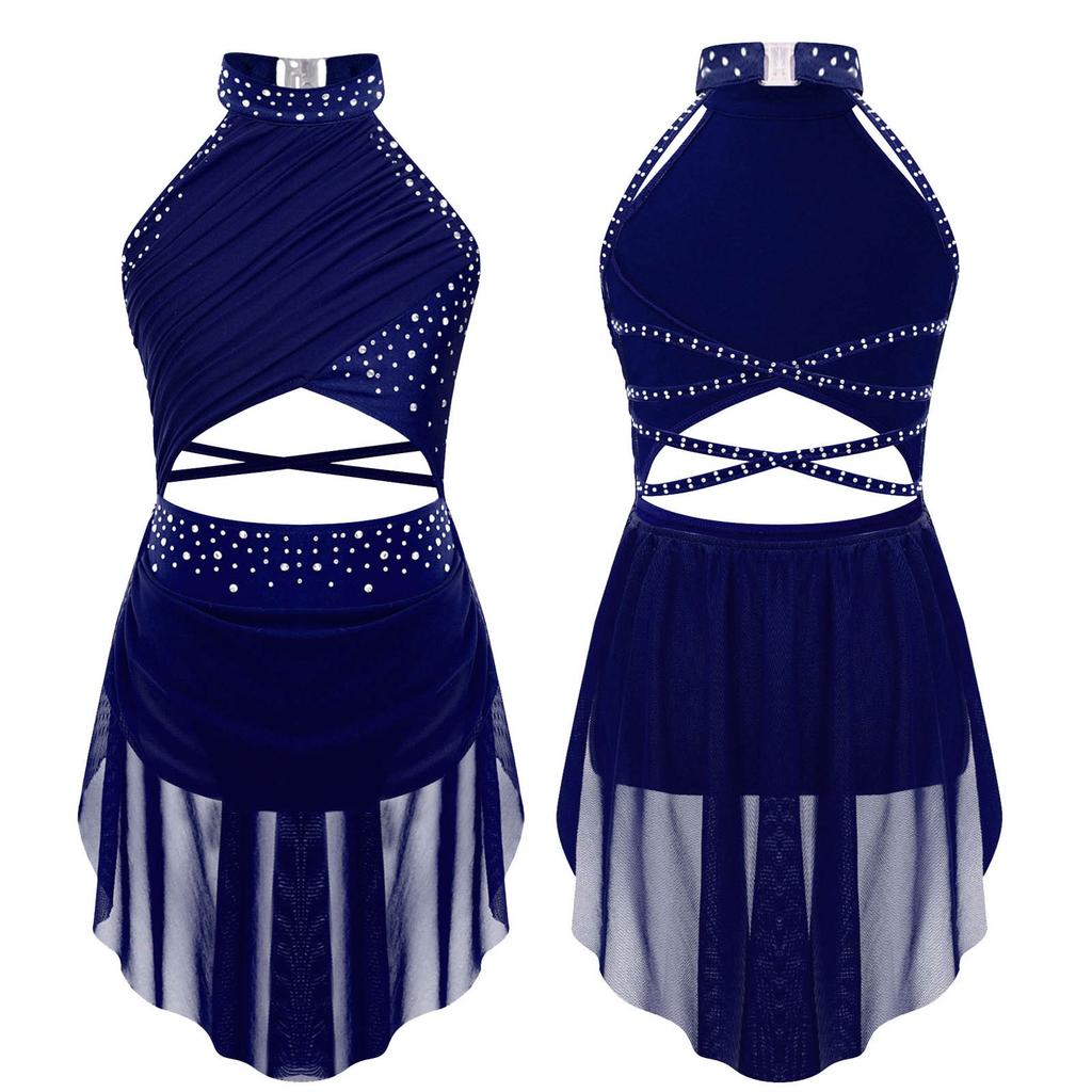 Kids Girls Lyrical Dance Performance Costume Figure Skating Ballet Gymnastics Leotard Dress Sleeveless Rhinestone Dancewear