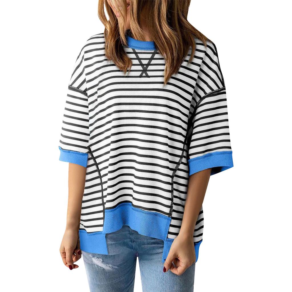 Женский полосатый цветной дизайн с заниженными плечами, пуловер с короткими рукавами, женский топ
