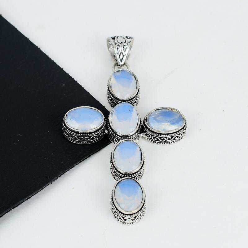 Кулон с молочным опалом из серебра 925 пробы - Ручная работа, Дизайн креста, Ювелирное украшение для повседневной носки, Уникальный кулон с молочным опалом, Свадебные подарки