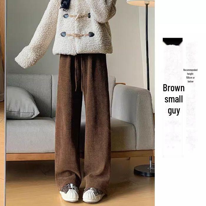 Женские широкие брюки кофейного цвета с высокой талией — универсальный вариант для весны, осени и зимы, с отделкой из бархата, свободный крой, повседневный драпированный стиль.