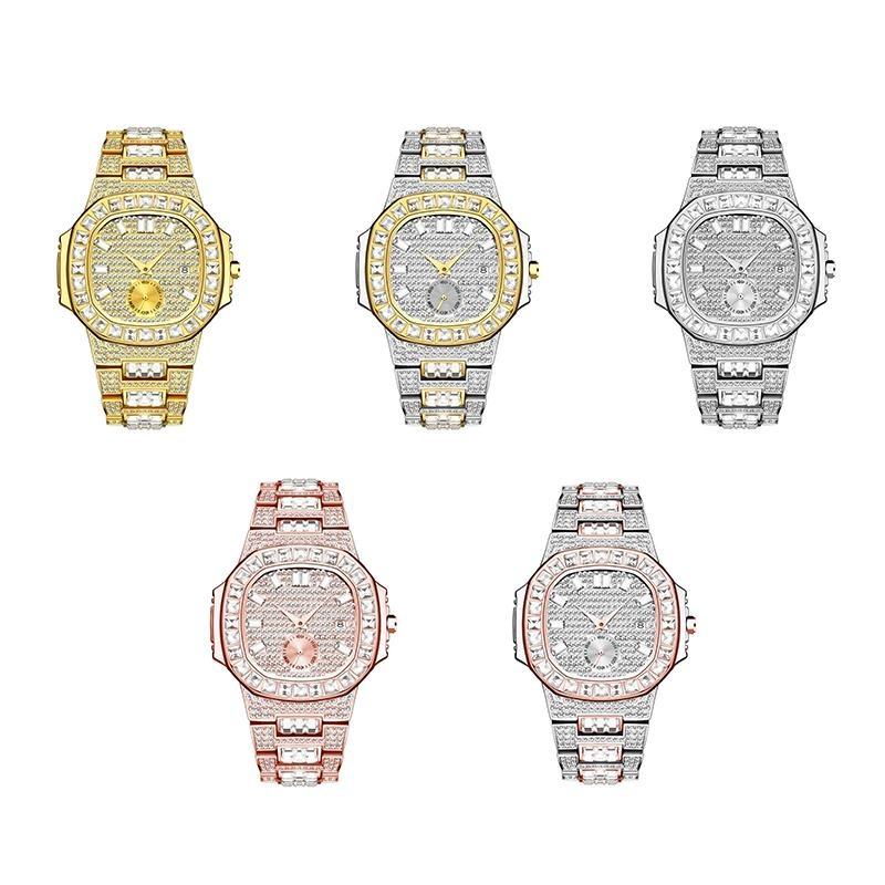 Mens Full Crystal Iced Out Watch Steel Strap Quartz Watches Hip Hop Luxury Waterproof Analog Wristwatch