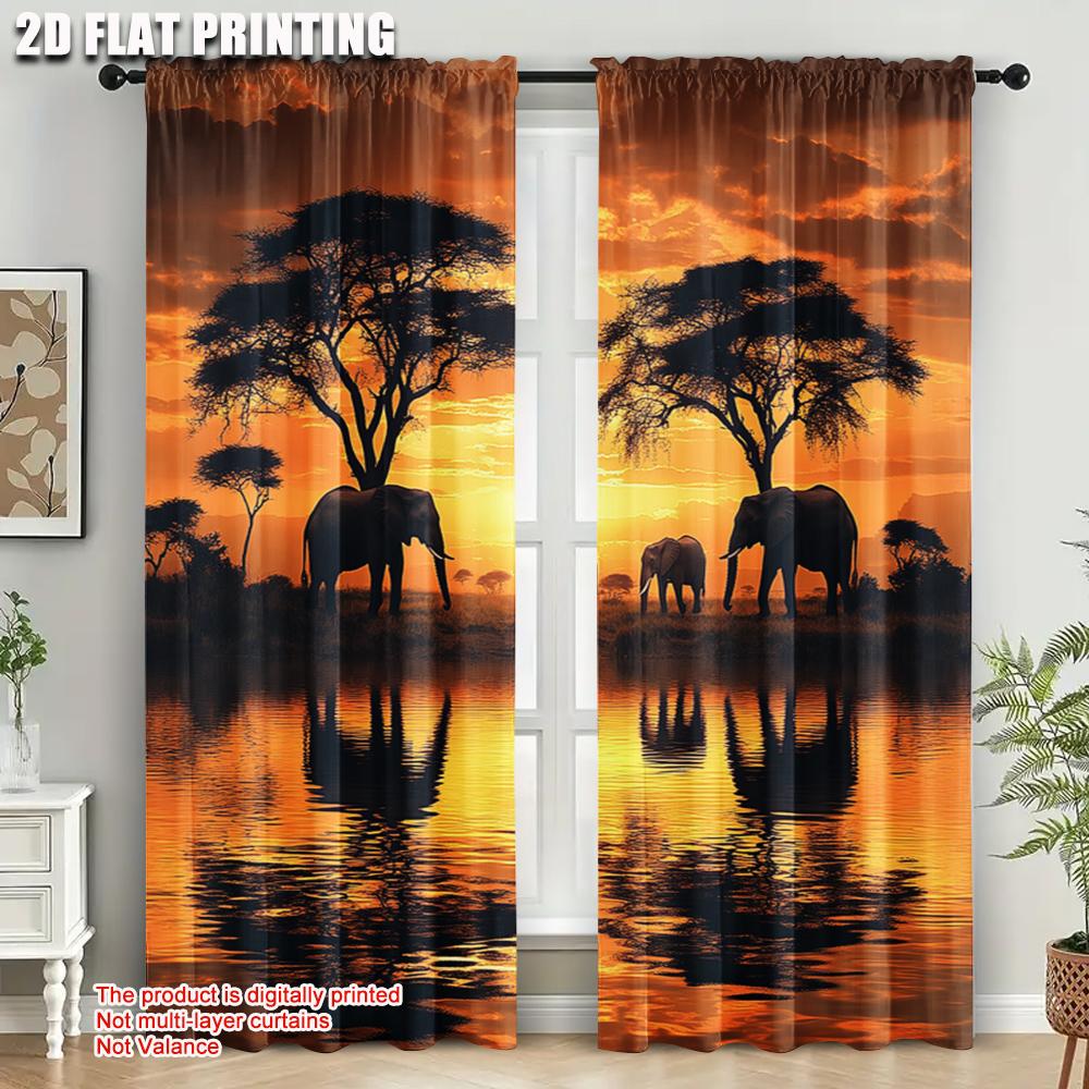2pcs,2D plane printing Popular Curtain Panels African sunset elephant 100% Polyester (without rod) Decorations Outdoor Use for