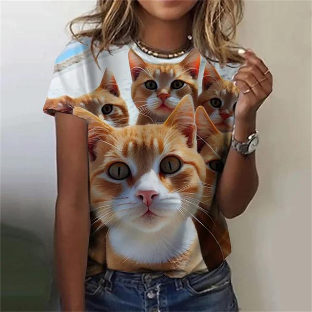 Модная женская футболка с 3D принтом Kawaii Cat Pattern, топ с короткими рукавами и круглым вырезом, летняя уличная повседневная уличная простая одежда