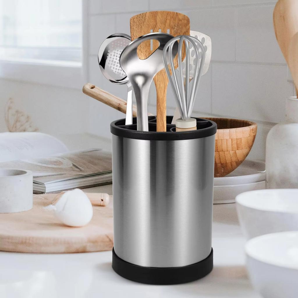 Rotatable Kitchen Utensil Holder Stainless Steel Countertop Organizer with Multiple Compartments for Chopsticks Forks Spoons Storage