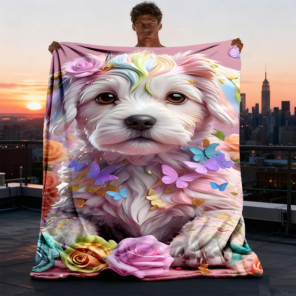 1pc Floral Dog Throw Blanket Polyester Fiber, Lightweight Flannel, Soft & Warm, All Season Use for Outdoor, Camping
