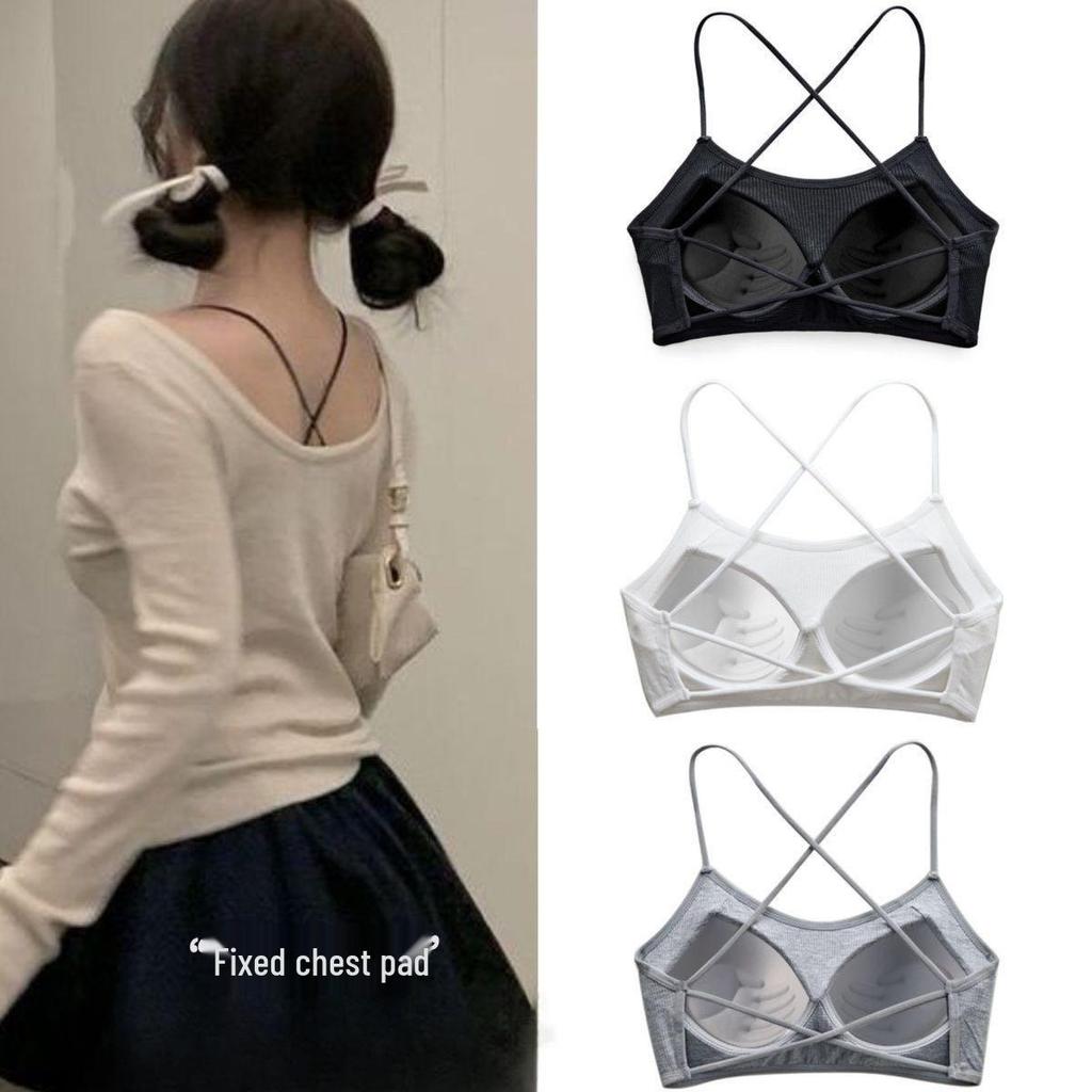 Thin Backless Crossover Push-Up Bra with Chest Pads - Women's Sleek Camisole Vest