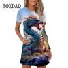 Летнее милое платье с мультяшным принтом, свободное мини-платье с коротким рукавом и круглым вырезом, повседневные женские платья с 3D-принтом дракона