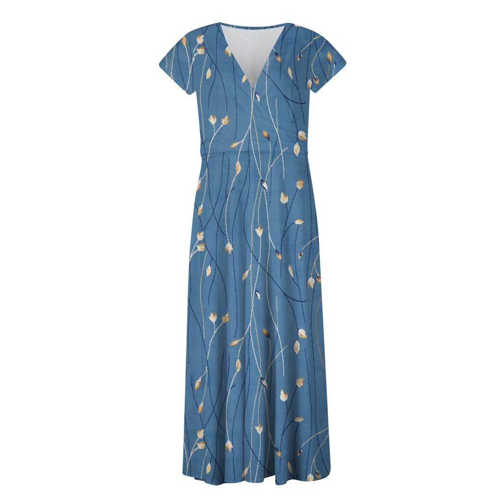 Жен. Длинное платье Платье макси Повседневное платье Шифоновые платья Свободное платье Сплошной цвет На каждый день Для взрослых На открытом воздухе Повседневные платья С рюшами С короткими рукавами Платье с v-образным вырезом