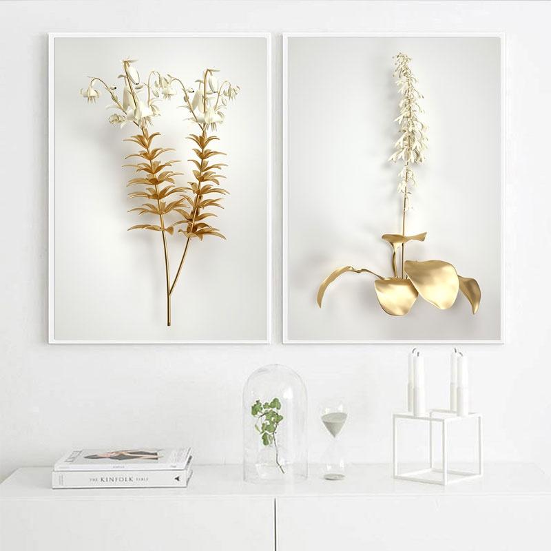Золотой цветок, абстрактный растительный настенный плакат, скандинавская печать на холсте, картина, современное популярное искусство, украшение, картина, декор для гостиной