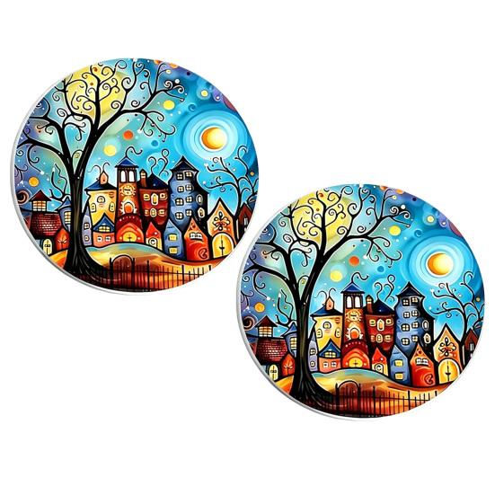 jijijing 2PCS Car Coasters, Oil Painting Print, Decorative Non-Slip Thermal Pads, Stain-Resistant Easy to Clean Cup Holders, for Home Kitchen