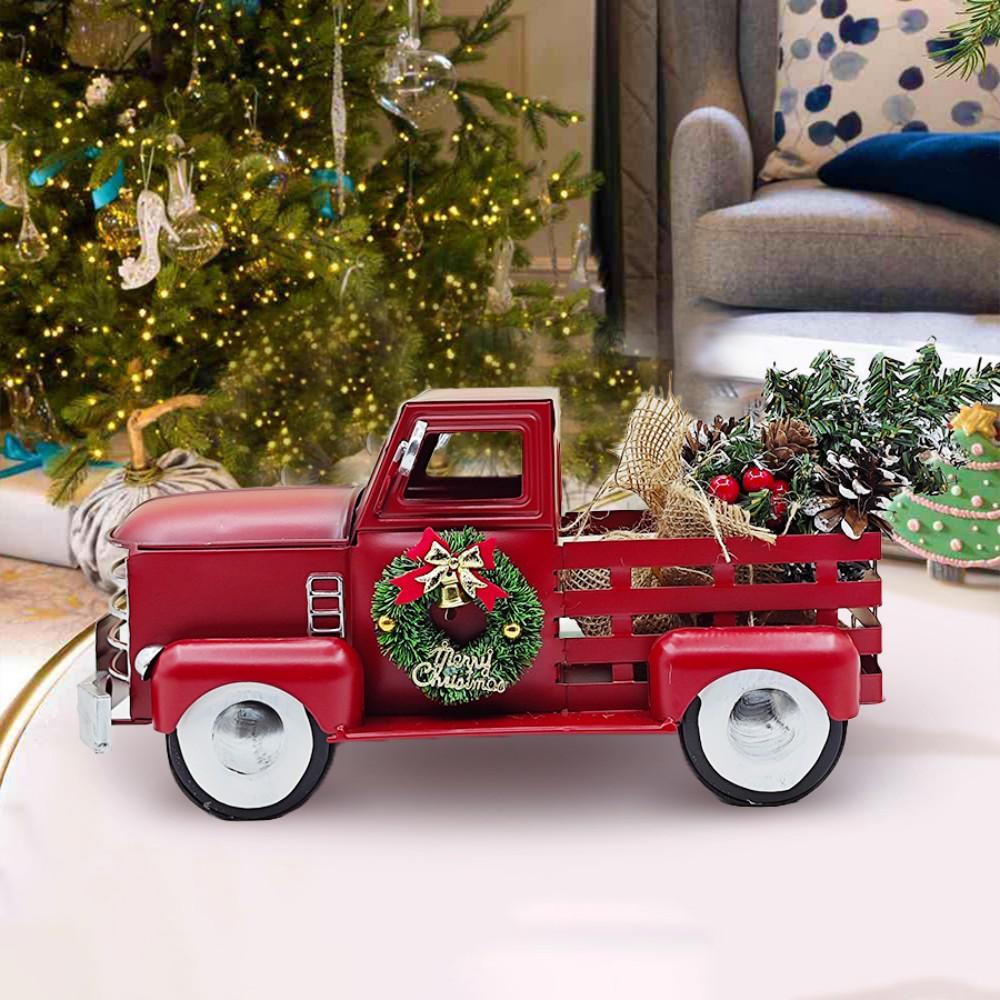 Vintage Christmas Red Truck Decoration, Warm White Twinkling Lights, Country Farmhouse Pickup Truck, Truck with Christmas Tree