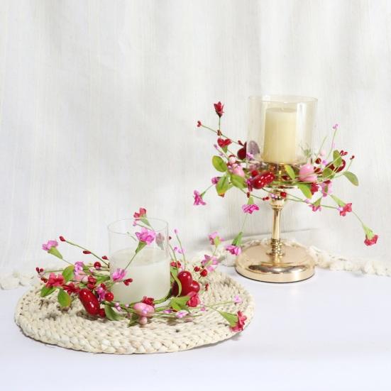 Венок-кольцо для свечи в виде сердца на День святого Валентина, ручной работы, красного и розового цвета, с ягодами, центральный элемент с цветами, декор стола для романтического ужина