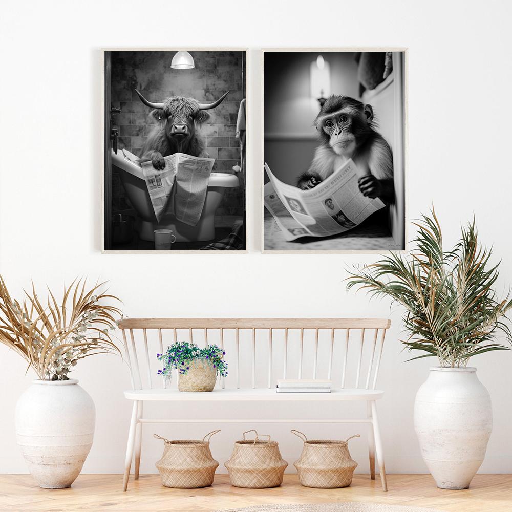 Милая обезьяна, художественная стена в ванной комнате, забавные принты плакатов, туалетный юмор, полет животных, чтение, холст, картина, детская комната, туалет, домашний декор