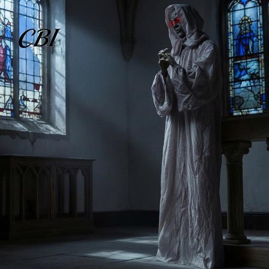 Foldable Gray Robe Ghost Decor Animated Spooky Standing Halloween Decoration, Sound Activated Nun Skeleton Haunted House Creepy for Yard Prop with And