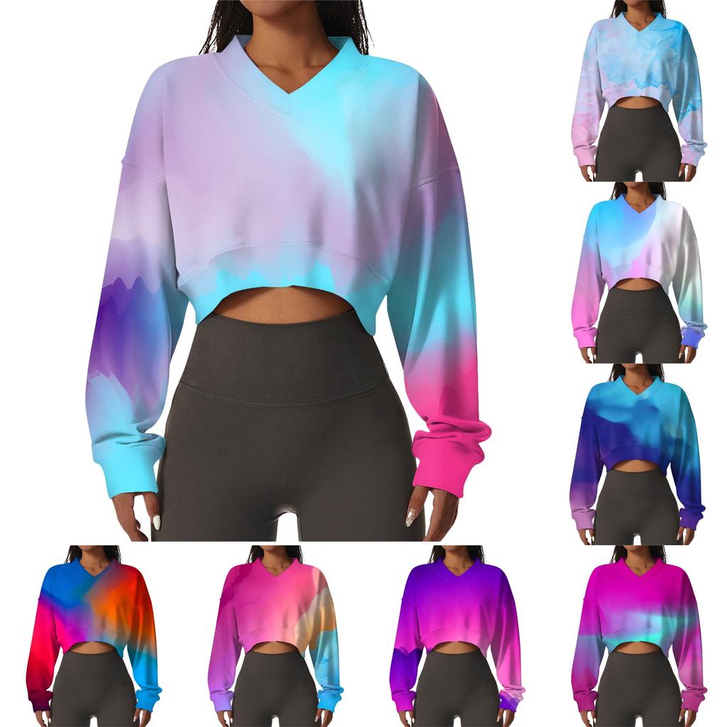 Women's Casual Fashion Sexy Comfortable V-Neck Long Sleeve Tie-Dye Graphic Printed Sports Sweatshirt Top