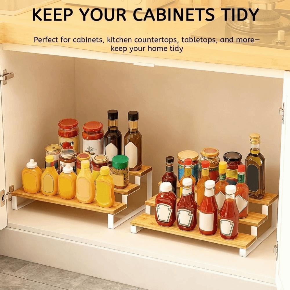 Large Capacity Expandable Step Storage Rack Bamboo Model Display Stand For Kitchen