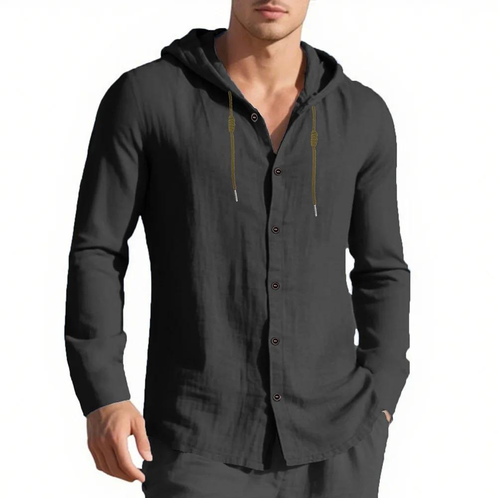 Мужская рубашка с капюшоном, однобортная, хлопок-лен, легкая, весенне-летняя, с длинным рукавом, с кулиской, в отпускном стиле, топы